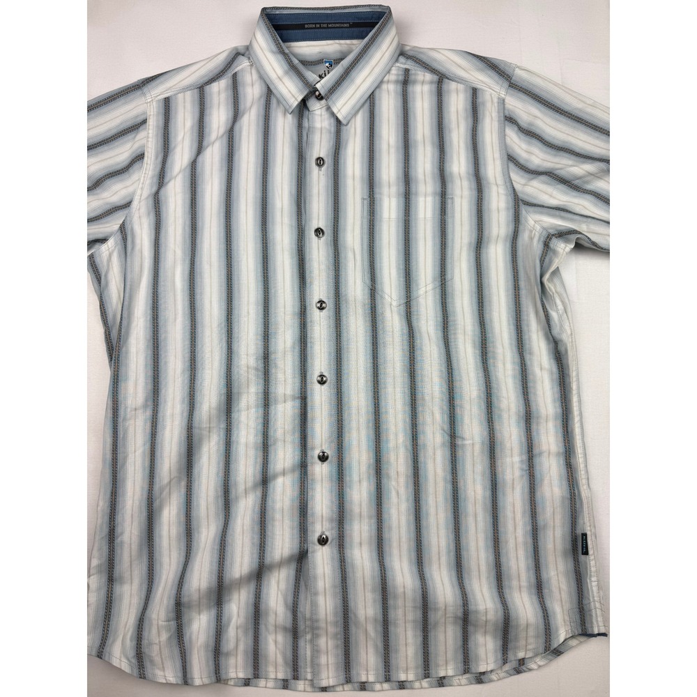 KUHL Button Down Shirt Medium Blue White Striped Short Sleeve Outdoor Casual